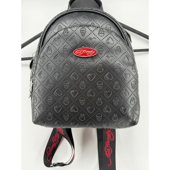 NEW ED HARDY Cara Black Heart Skull Print Mini Vegan Backpack Adjustable - Picture 1 of 5